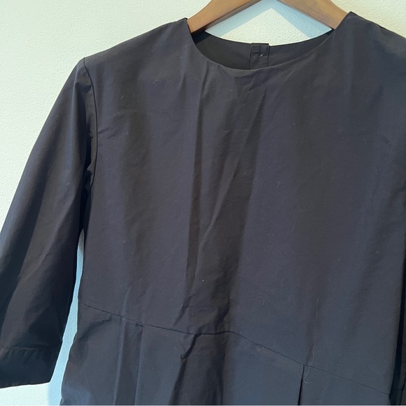 Muji Black Lagenlook Long Line Rounded Hem Cotton Midi Dress Modest Pockets - Picture 2 of 8